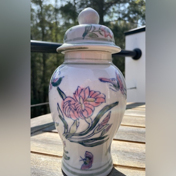 Vintage Floral Butterfly Hand Painted Temple Jar Vase - Picture 2 of 6